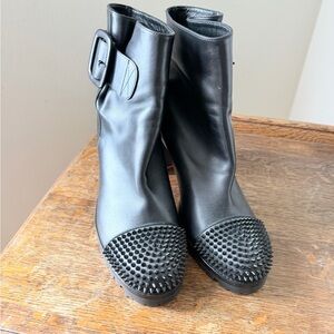 Black Studded Toe Mid-Calf Leather Boots